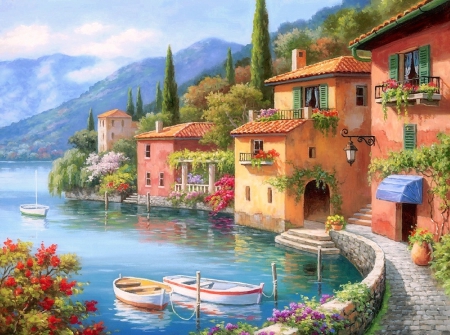 Villagio Dal Lago - trees, attractions in dreams, beautiful, paintings, colors, architecture, boats, nature, landscapes, villages, lakes, love four seasons, country