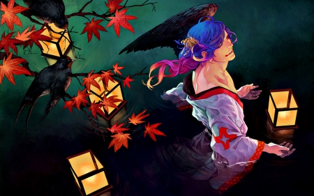 Good bye, my Love! - bird, anime, yellow, blue, jounetsunoakai, guy, night, light, man, swallows, art, water, kimono, orange, lantern, black, manga, autumn, kurusha pluehunter, leaf