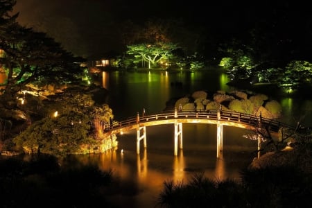 Ritsurin Garden, Japan - Ritsurin Garden, trees, water, Japan, Takamatsu, Ritsurin, lights, garden, lake, bridge