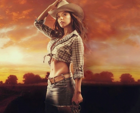 Evening  shadows - sunset, hat, evening, cowgirl