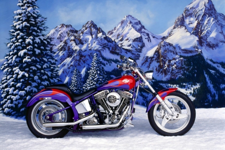 Harley Davidson - trees, chrome, winter, 1996, mountains, motorcycle, harley davidson, custom chrome, harley, softail, snow