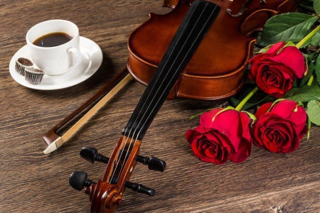 Roses and Music - coffee, blossoms, artwork, arrangement, violin, flowers, still life, cup