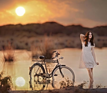 With her bike - pretty, bike, river, sun