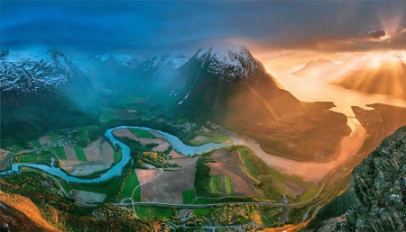 Sunset From The Heights - clouds, Norway, beautiful, sunbeams, snowy peaks, road, sea, cityscape, river, sunset, field, mountains, sky, bridge