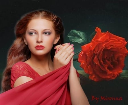 Red Beauty - beauty, girl, lips, red, flowers, rose, dress