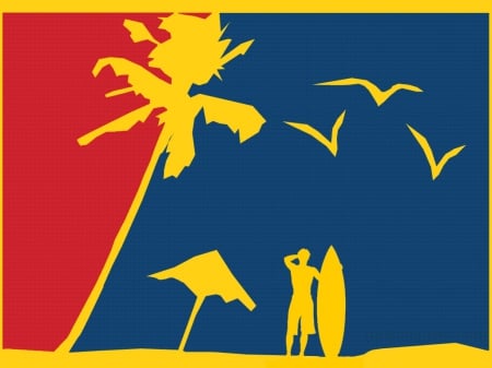 philppine beachscape - bird, umbrella, surfboard, man, tree, palm