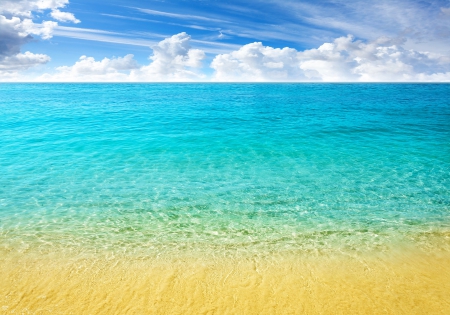 Pristine Caribbean Beach - horizon, turquoise, beach, travel, paradise, summer, tropical, vacations, clouds, beautiful, sea, sand, crystalline