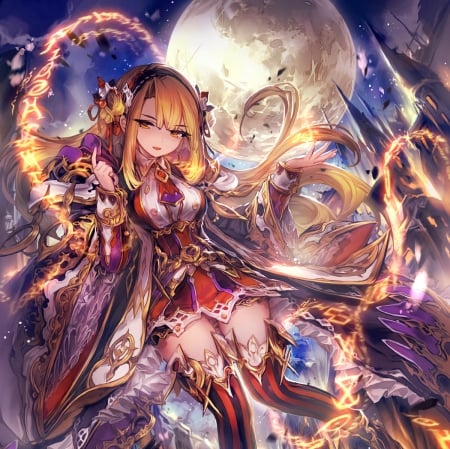 Bahamut - pretty, anime, magic, female, dress, blonde, night, long hair, splendid, gorgeous, fire, blond, hd, nice, sky, moon, anime girl, serious, beautiful, hot, girl, blonde hair, beauty, lovely, sweet, cg, fantasy, sinister, awesome, sexy, blaze