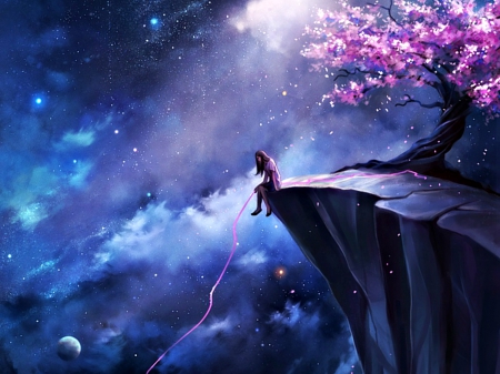 Quiet calamity - moon, girl, megatruth, fantasy, spring, art, sakura, blue, luminos, pink, planet