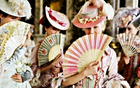 Marie Antoinette (2006) - woman, actress, fan, movie, hat, marie antoinette, white, queen, pink, kirsten dunst