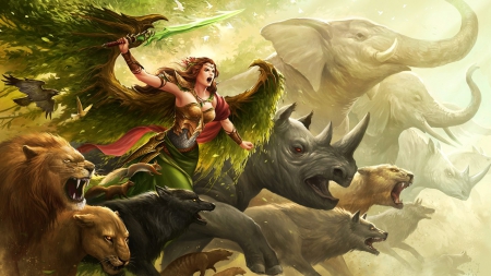 Epic Battle - warrior, beautiful, girl, epic, battle, fantasy, digital, woman, art, animals