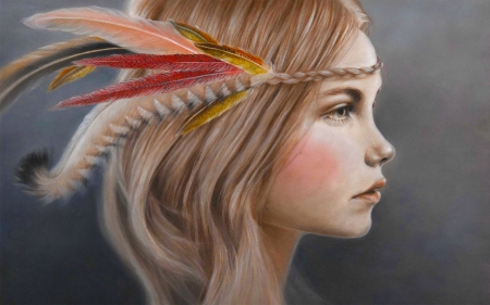 Pastel Beauty - woman, serene, girl, feathers, lovely, fantasy, drawing, face, art, beautiful, pastel, digital