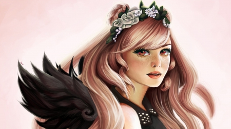 Pretty Angel - winged, female, angel, wings, flower crown, fantasy