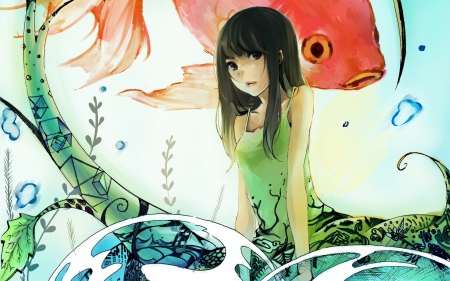 girl and fish - fish, girl, dress, green