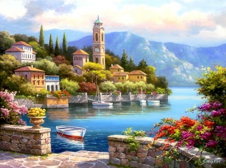 Village Clock Tower - attractions in dreams, seaside, clock tower, boats, villages, nature, love four seasons, beautiful, architecture, paintings, flowers, coastal, landscapes