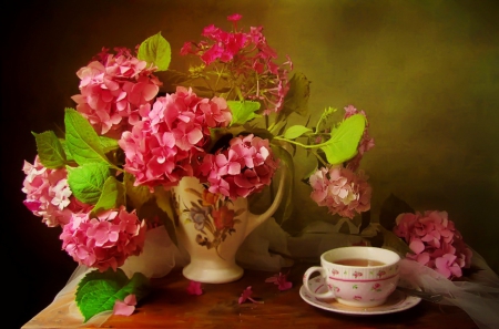 Still life - pretty, beautiful, flowers, bouquet, vase, harmony, still life, tea, nice, coffee, lovely, hydrangea