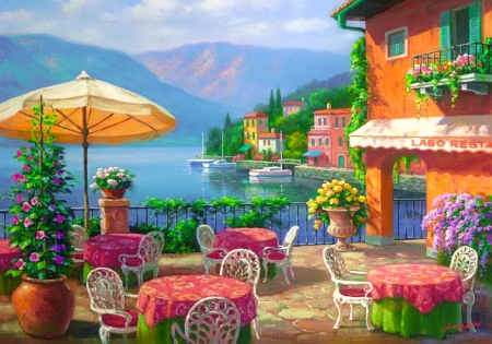 Lakeside cafe - summer, town, coast, cafe, mountain, flowers, view, lake, art, houses, coffee, lakeside, village, colorful, picturesque, painting, peaceful, bay