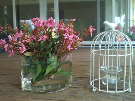 *vase with flowers and  cage with candle* - flowers, vase, bird, cage, decoration, garden, candle, still life