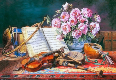 .M u s i c a l. - musical, love four seasons, pretty, attractions in dreams, beautiful, flowers, still life, peonies, draw and paint, decorations, lovely, nature, paintings