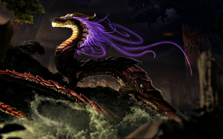 Dragon - yellow, light, dark, black, fantasy, dragon, purple, art, luminos