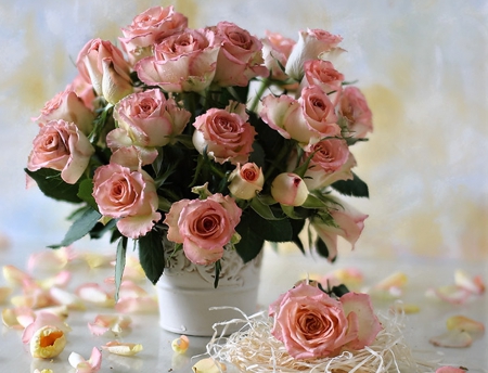 Pink Roses - roses, vase, pink, still life