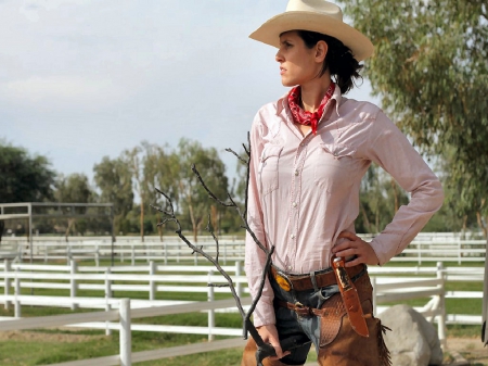 Cowgirl Bridget - women, fun, female, chaps, fences, hats, fashion, models, brunettes, western, girls, cowgirls, style, rodeo, ranch