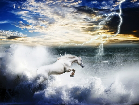 Jumping for freedom - jumping, freedom, horse, lightning, sky