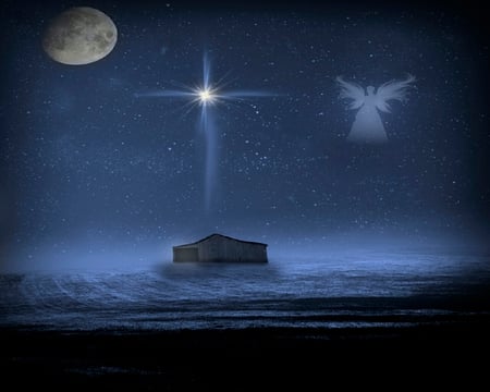 The First Christmas - moon, star, angel, christmas