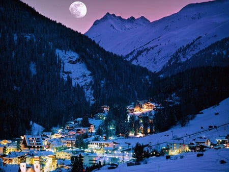 Ski Town at Night - cityscapes, castles