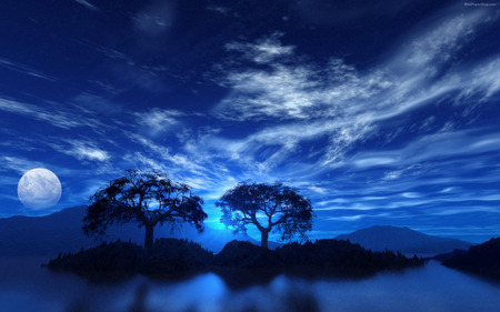 TWIN TREES - clouds, skies, moon, horizon, trees