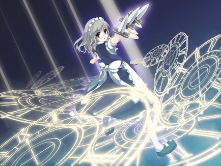 Touhou - sakuya izayoi, anime girl, touhou, spell, weapon, maid