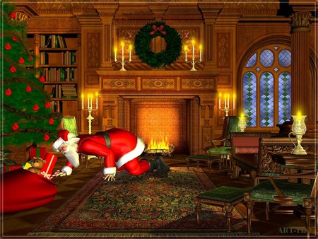 Santas Visit - reath, santa cause, candles, decorations, presents, tree, fire place