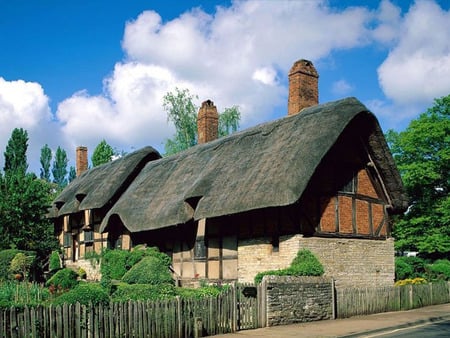 Thatched Cottage - cottage, fence, trees, thatched roof