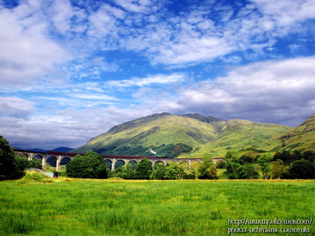 Bridge in the country - train, mountains, field, bridge, country