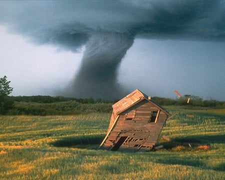 Tornado is a coming... - cabin, field, tornado, house tilting