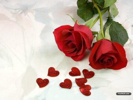 Red Roses and Red Hearts - flowers, red hearts, red roses