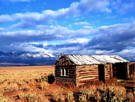 Wooden Cabin - wooden cabin, cloudy sky, desert, fields