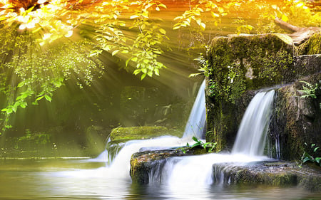 SPRING RIVER - rocks, beautiful, forests, river, photography, waterfalls, nature, shine, water, waterfall, spring, yellow, sun, season, falls, sunrays, rivers, trees, green