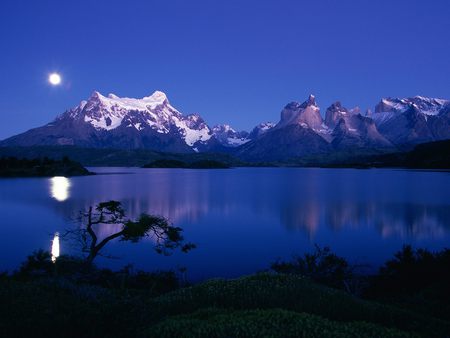 Lake Pehoe Torres del Paine National Park Chile - moon, lake, landscape, chile, night, mountains, majestic, lake pehoe torres del paine, nature, lake pehoe, andes, cool