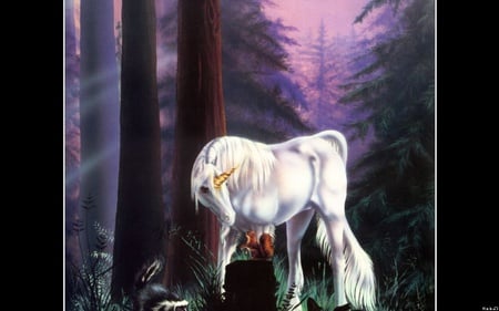 the unicorn and the squirrel - forest, fantasy, squirrel, friends, unicorn