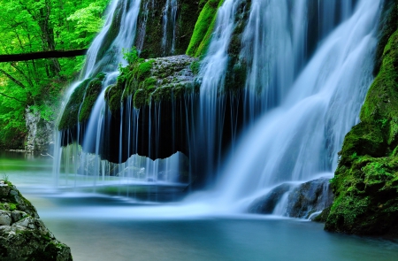 Bigar Waterfall - cataract, Romania, blue, National Park, beautiful, moss, spring, forest, water curtain, river, waterfall, green, background, foliage