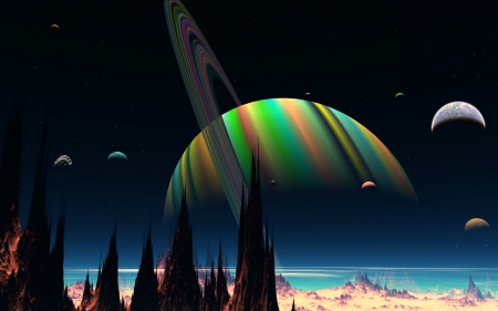 Digital Image of Saturn and Planets - planets, saturn, space, cg