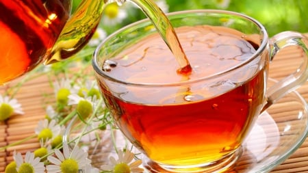 Tea Time - daisies, flowers, mat, savcer, tea, cup, glass