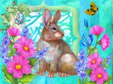 Bunny Time - rabbit, butterflies, paintings, spring, bunny, easter, flowers, butterfly designs, love four seasons, animals