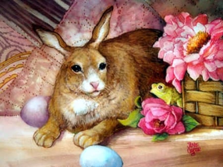 Bunny & Frog - eggs, rabbit, paintings, spring, bunny, flowers, butterfly designs, eater, love four seasons, animals, frog