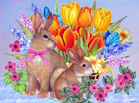 Easter Bunnies - animals, easter, tulips, spring, rabbits, love four seasons, bunnies, eater, paintings, flowers, butterfly designs, butterflies