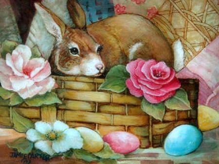 Easter of Colors - eggs, rabbit, paintings, spring, colors, bunny, easter, flowers, basket, butterfly designs, love four seasons, animals