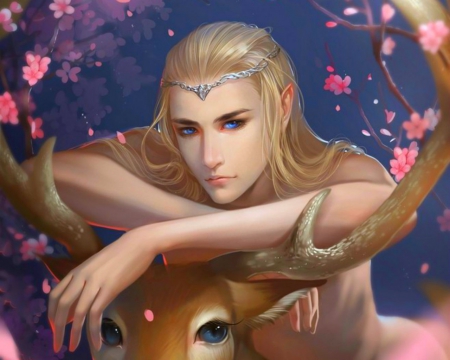 Cute Guy - flowers, fantasy, deer, man