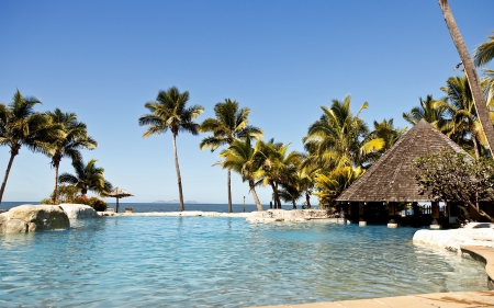 Islands - bungalows, trees, Fiji, pool, ocean, palm