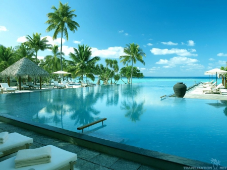 Beach Resort - resorts, trees, palms, blue, beaches, pools, nature, tropical, paradise